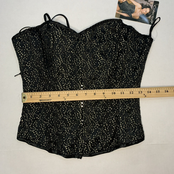 iCollection Boudior Lace Corset Thong Set Sz 36 Black Gold Brocade Pin Up Glam - Picture 10 of 16